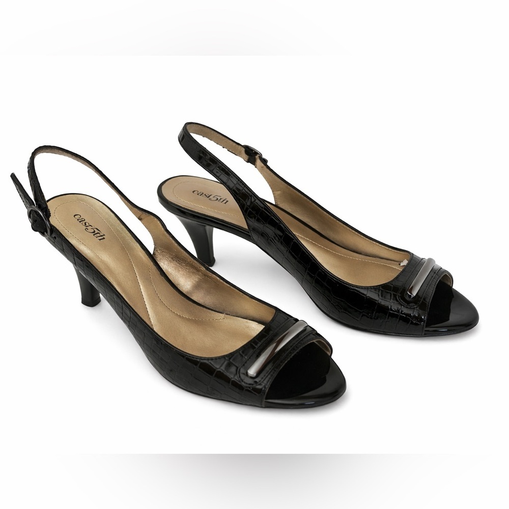 East 5th Madeline Black Peep Toe Slingback Pumps 3” Heel 7.5 Wide NEW No Tags - Picture 2 of 5